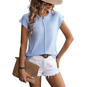 Womens Pullover Sweater Vest Crew Neck Cap Sleeve Loose Fit Ribbed Knit Top Sweaters
