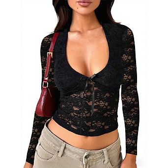 Women's Going Out Tops Lace Long Sleeve Square Neck Crop Top Shirt Low Cut Slim Fitted T Shirt