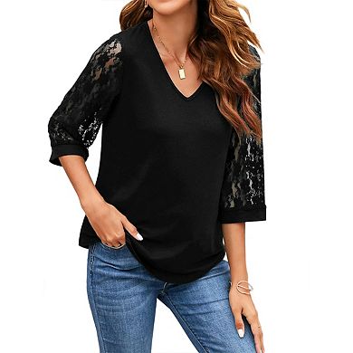 Women's Elegant V Neck 3/4 Sleeve Chiffon Blouses Tops Business Casual Work Office Shirts