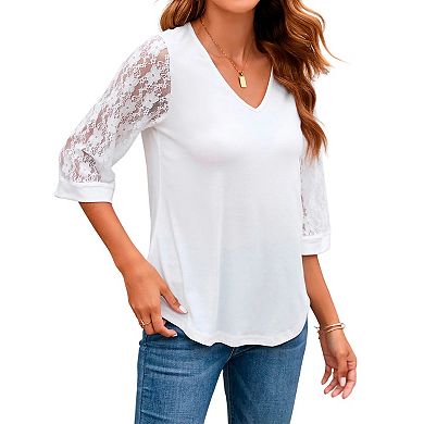 Women's Elegant V Neck 3/4 Sleeve Chiffon Blouses Tops Business Casual Work Office Shirts