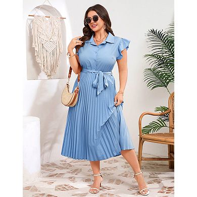 Women's Plus Size Shirt Dress with Pleated Hem Collared Neck