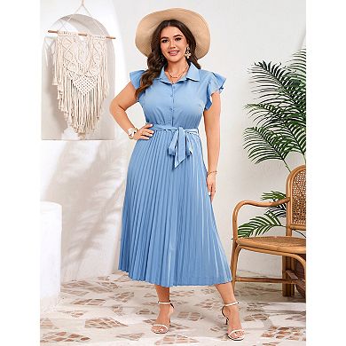 Women's Plus Size Shirt Dress with Pleated Hem Collared Neck