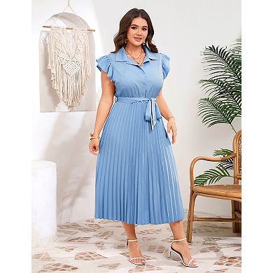 Women's Plus Size Shirt Dress with Pleated Hem Collared Neck