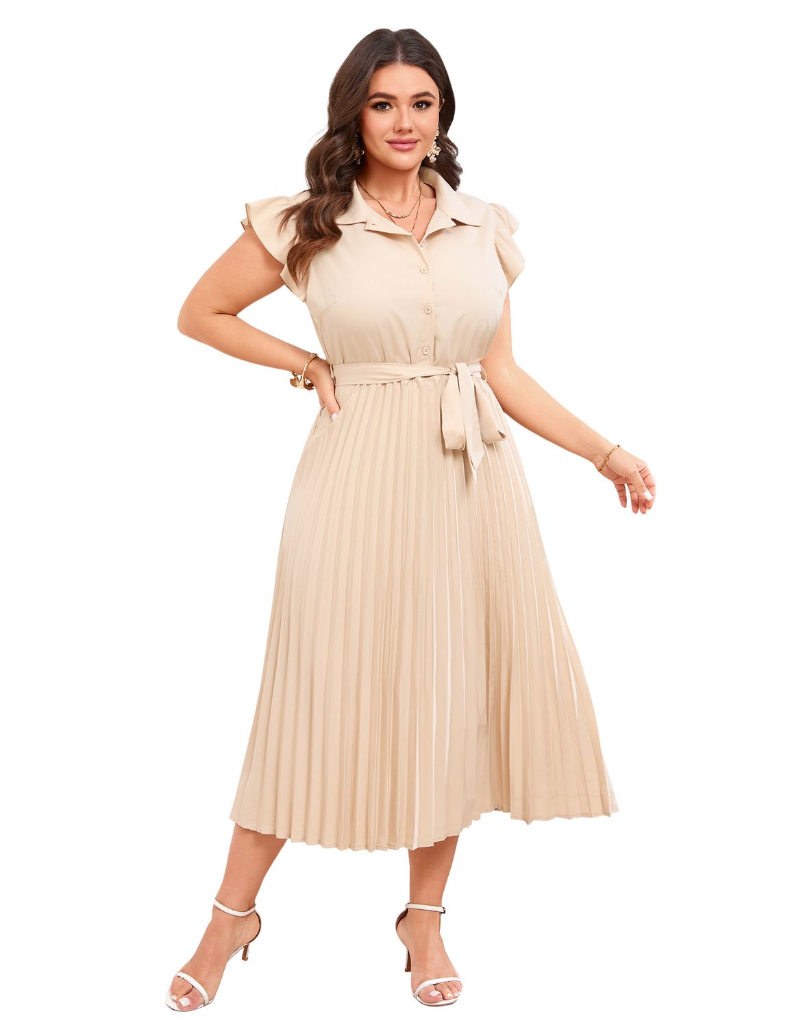 Женские платья Plus Size Shirt Dress with Pleated Hem Collared Neck