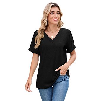 Women's Casual Short Rolled Sleeve Blouse Solid Color V Neck Shirts Summer Tops Dressy Blouses