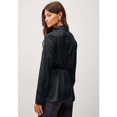 ellos Plus Size Button Front Satin Tunic With Self Belt