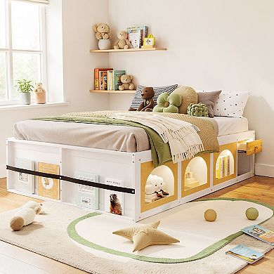 Lufeiya Queen Size Wood Platform Bed with Bookshelf Footboard, Storage Drawer, Cabinet, LED Light