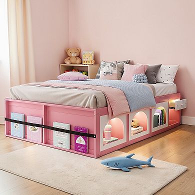 Lufeiya Queen Size Wood Platform Bed with Bookshelf Footboard, Storage Drawer, Cabinet, LED Light