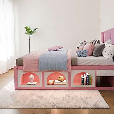 Lufeiya Queen Size Wood Platform Bed with Bookshelf Footboard, Storage Drawer, Cabinet, LED Light