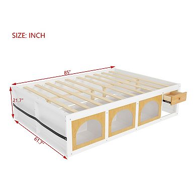 Lufeiya Queen Size Wood Platform Bed with Bookshelf Footboard, Storage Drawer, Cabinet, LED Light