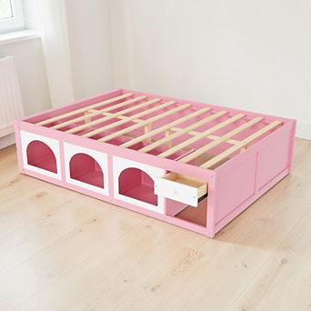 Lufeiya Queen Size Wood Platform Bed with Bookshelf Footboard, Storage Drawer, Cabinet, LED Light