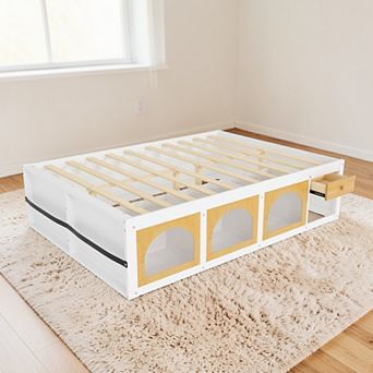 Lufeiya Queen Size Wood Platform Bed with Bookshelf Footboard, Storage Drawer, Cabinet, LED Light