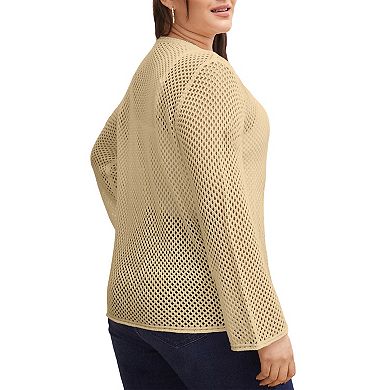 Women Plus Size Crochet Cardigan Lightweight Tie Front Long Sleeve Cover Up