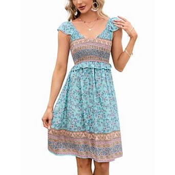 Women's Boho Smocked Waist Babydoll Dress Print A-Line Dress