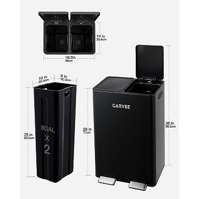 2 x 8 Gallon Dual Compartment Trash Can, Slow Close Step Pedal Garbage Bin with Removable Buckets
