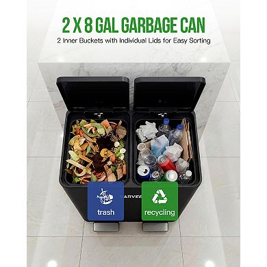 2 x 8 Gallon Dual Compartment Trash Can, Slow Close Step Pedal Garbage Bin with Removable Buckets