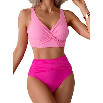 Womens High Waisted Bikini Sets Tummy Control Swimsuits Front Tie 2 pc Bathing Suit