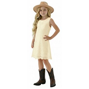 2Bunnies Girls' 7yr-12yr Boho Rustic Vintage Lace Scalloped Hem Sleeveless Shift Dress