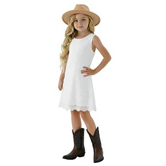 2Bunnies Girls' 7yr-12yr Boho Rustic Vintage Lace Scalloped Hem Sleeveless Shift Dress