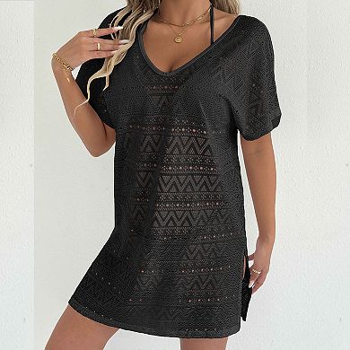 Geometric Crochet Knit Cover Up Dress with V-Neck & Side Slit