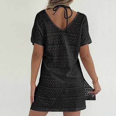 Geometric Crochet Knit Cover Up Dress with V-Neck & Side Slit