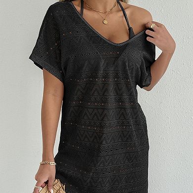 Geometric Crochet Knit Cover Up Dress with V-Neck & Side Slit