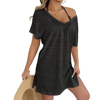 Geometric Crochet Knit Cover Up Dress with V-Neck & Side Slit