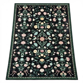 Vintage Floral Area Rug Washable Non Slip Botanical Carpet with Ribbon Accents for Nursery Bedroom