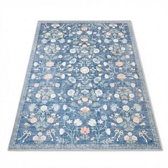 Vintage Floral Area Rug Washable Non Slip Botanical Carpet with Ribbon Accents for Nursery Bedroom