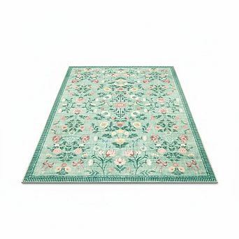 Vintage Floral Area Rug Washable Non Slip Botanical Carpet with Ribbon Accents for Nursery Bedroom