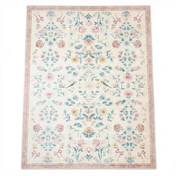 Vintage Floral Area Rug Washable Non Slip Botanical Carpet with Ribbon Accents for Nursery Bedroom