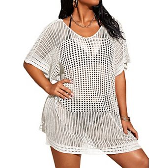 Women's Plus Size Crochet Cover Up Short Sleeve V Neck Knit Top Hollow Out Beach Swimwear