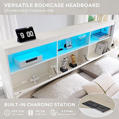 Fluted Platform Bed Frame with LED Lights, Storage Headboard, Charging Station and Drawers