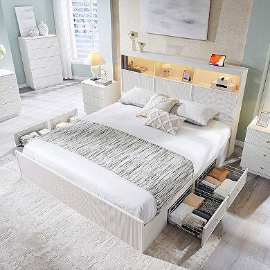 Fluted Platform Bed Frame with LED Lights, Storage Headboard, Charging Station and Drawers