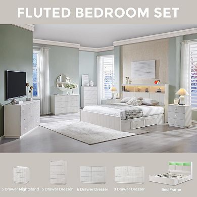 Fluted Platform Bed Frame with LED Lights, Storage Headboard, Charging Station and Drawers