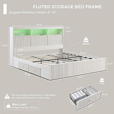 Fluted Platform Bed Frame with LED Lights, Storage Headboard, Charging Station and Drawers
