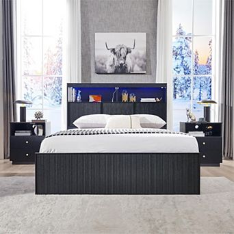 Fluted Platform Bed Frame with LED Lights, Storage Headboard, Charging Station and Drawers