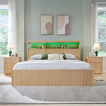 Fluted Platform Bed Frame with LED Lights, Storage Headboard, Charging Station and Drawers