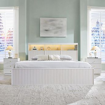 Fluted Platform Bed Frame with LED Lights, Storage Headboard, Charging Station and Drawers
