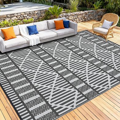 Modern Geometric Outdoor Area Rug Reversible Light Weight Stain Resistant Mat for RV Trip Picnic