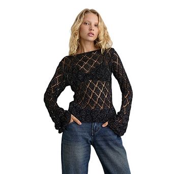 Women's Lace Long Sleeve Tops Dressy Casual Blouses Sheer Hollow Out Shirts