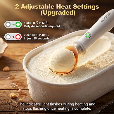 GVODE Heated Ice Cream Scoop: Electric Rechargeable Dual-Temp Non-Stick Scooper with USB-C Charging