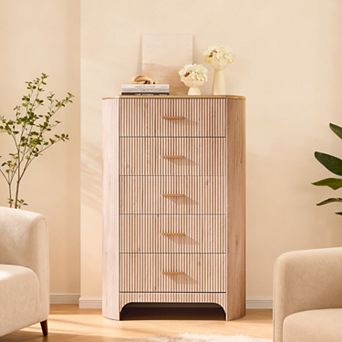 Fluted 5-Drawer Tall Dresser, 47.8" Wide Curved Storage Cabinet for Bedroom Living Room