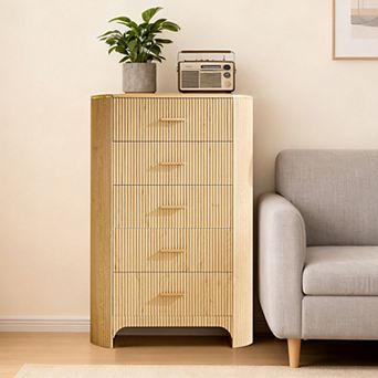 Fluted 5-Drawer Tall Dresser, 47.8" Wide Curved Storage Cabinet for Bedroom Living Room