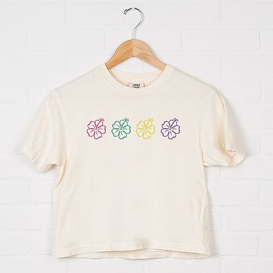 Embroidered Hibiscus Flowers - Women's Boxy Crop Top Graphic T-Shirt