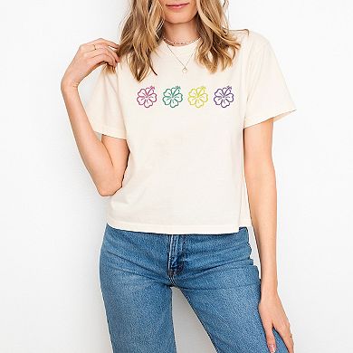 Embroidered Hibiscus Flowers - Women's Boxy Crop Top Graphic T-Shirt