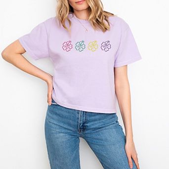 Embroidered Hibiscus Flowers - Women's Boxy Crop Top Graphic T-Shirt