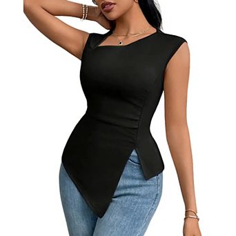 Women's Summer Casual Asymmetrical Neck Sleeveless Boho Top Ruched Waist Bodycon Shirt Work Blouse