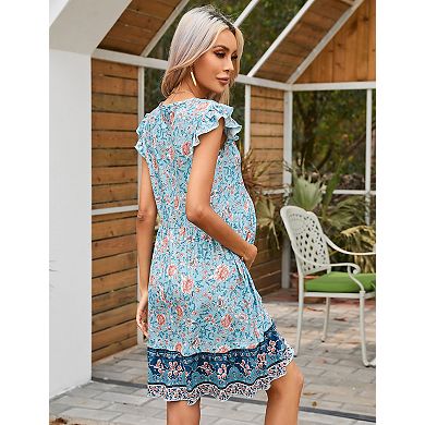 Women's Maternity V-Neck Babydoll Midi Dress Flutter Sleeve Ruffle Hem