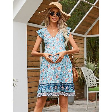 Women's Maternity V-Neck Babydoll Midi Dress Flutter Sleeve Ruffle Hem
